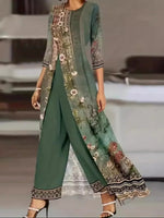 Jersey Floral Daily Going Out Two Piece Set Long Sleeve Casual Spring/Fall Top Pants Matching Set