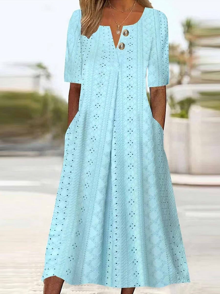 Plain Short Sleeve Square Neck Hollow Midi Dress