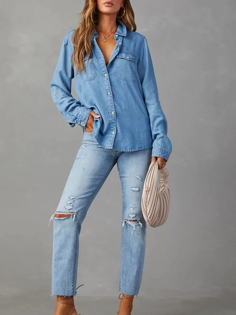 Women's Shirt Spring Collar Denim Long Sleeve Abstract Regular Loose Blouse