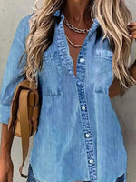 Women's Shirt Spring Collar Denim Long Sleeve Abstract Regular Loose Blouse