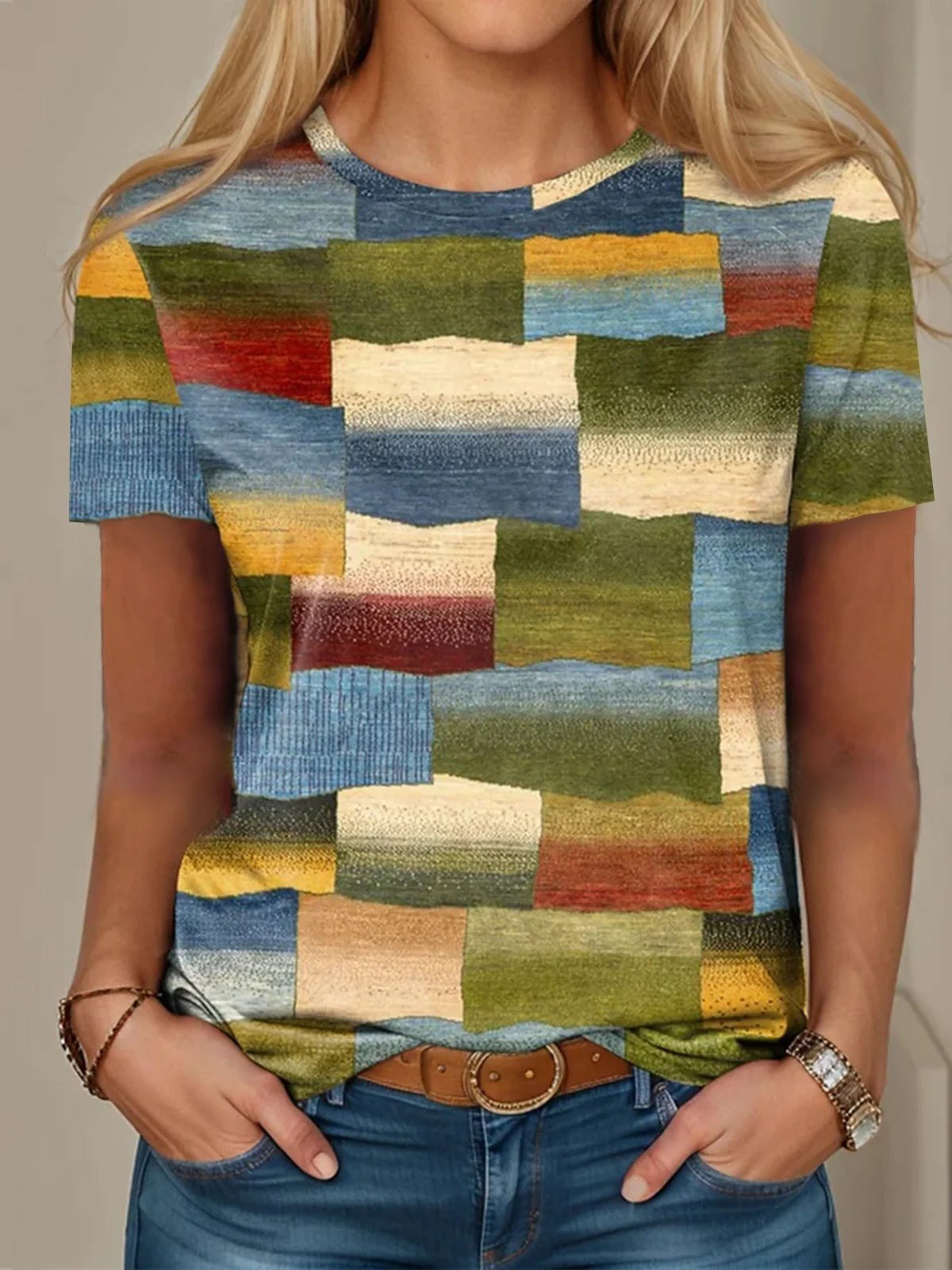Multicolor Block Casual Loose Crew Neck T-Shirt