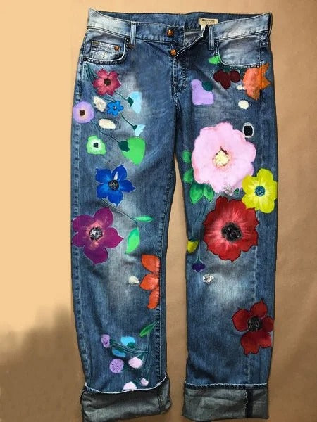 Fashion Denim Floral Casual Jeans