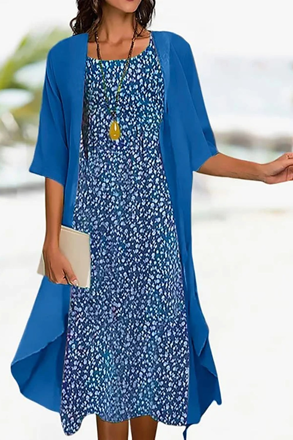 Vacation Loose Crew Neck Floral Two-Piece Midi Dress