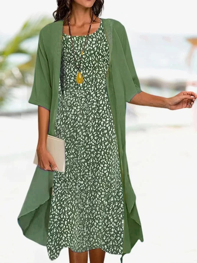 Vacation Loose Crew Neck Floral Two-Piece Midi Dress