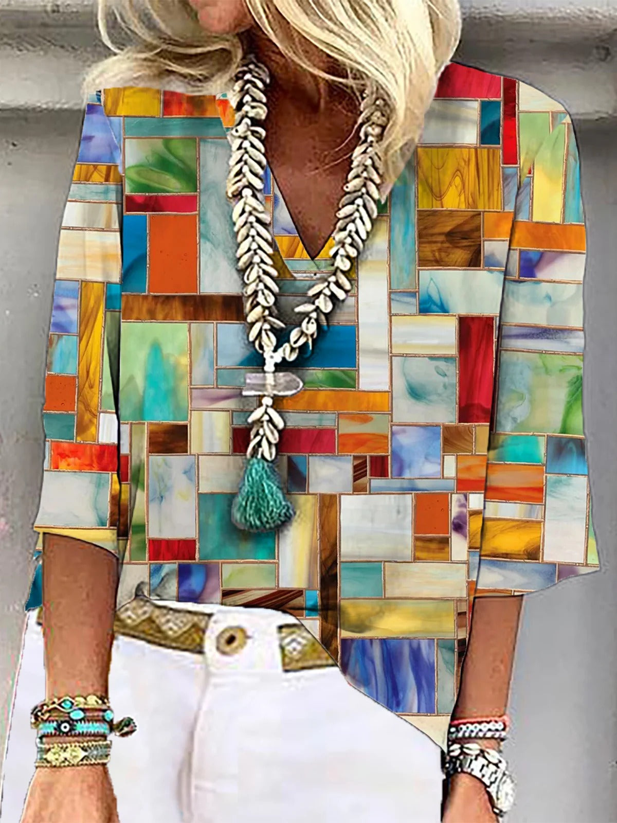 Geometric Print Casual Three Quarter Sleeve V Neck Blouse