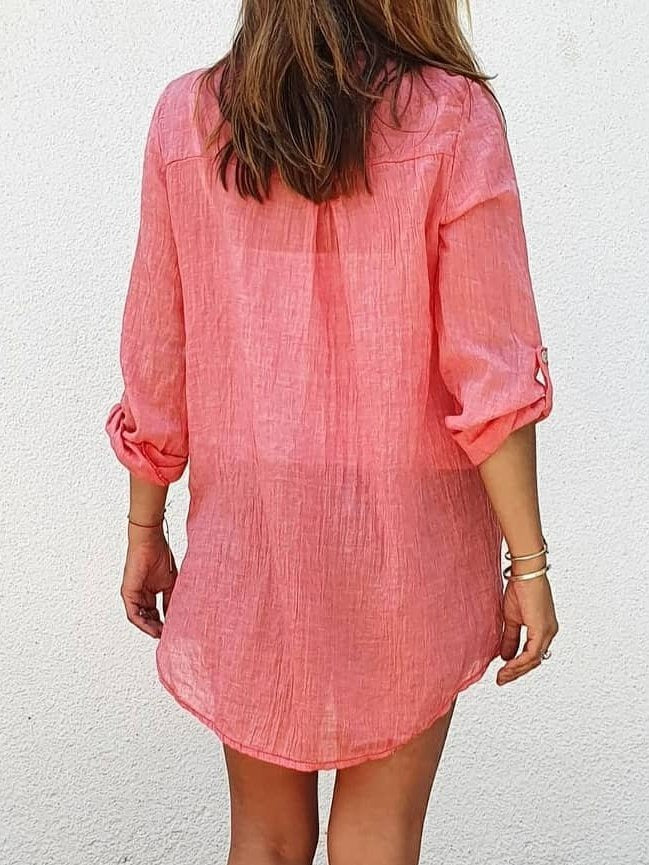 Plain Shift Cotton Long Sleeve V Neck Shirt