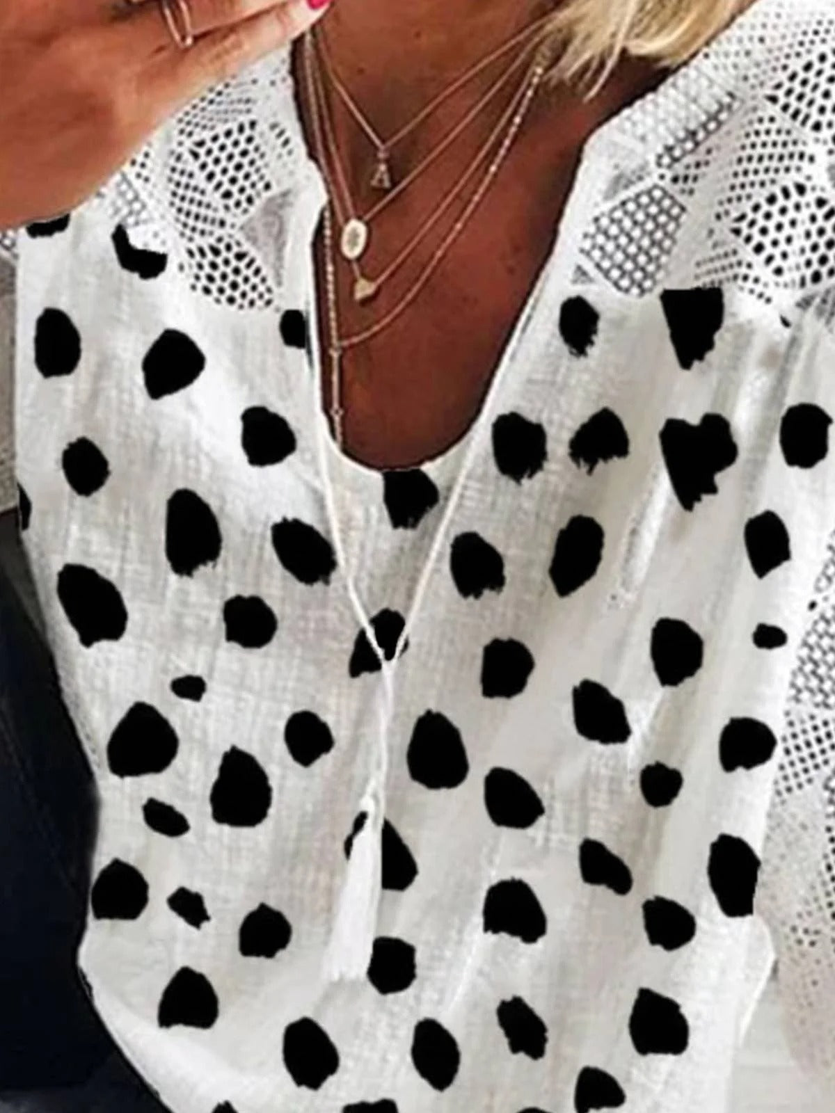 Polka Dots V Neck 3/4 Sleeves Casual Blouse