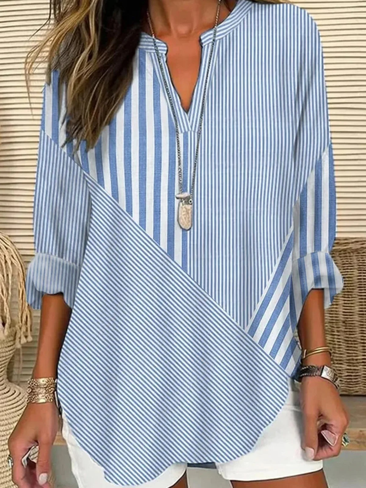 Women's Casual Striped Long Sleeve Notched Regular Loose Shirt