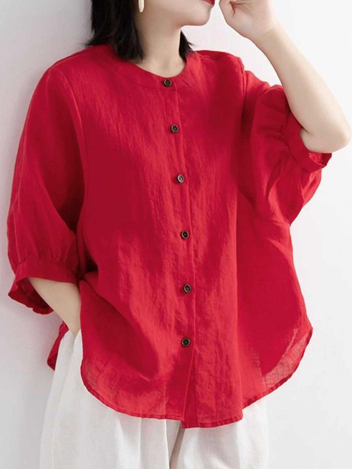 Crew Neck Three-Quarter Lantern Sleeve Plain Loose Shirt For Women