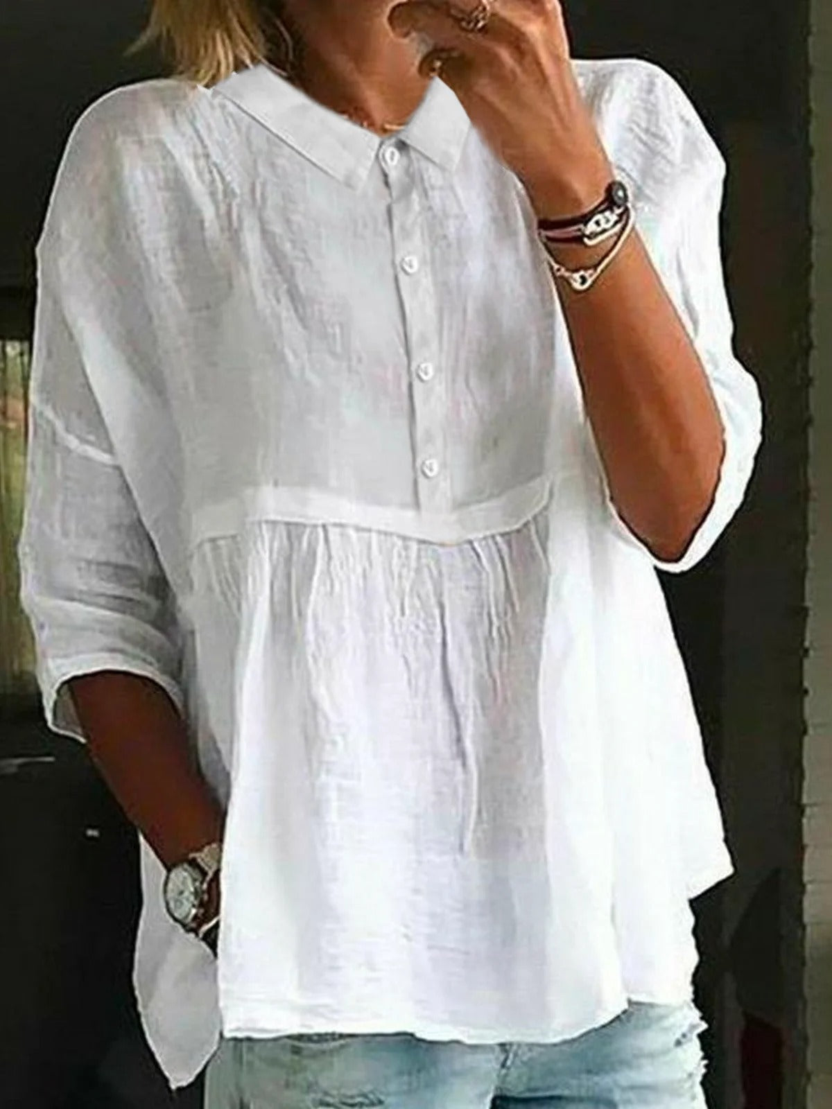 Plain Casual Shirt Collar Linen Blouse