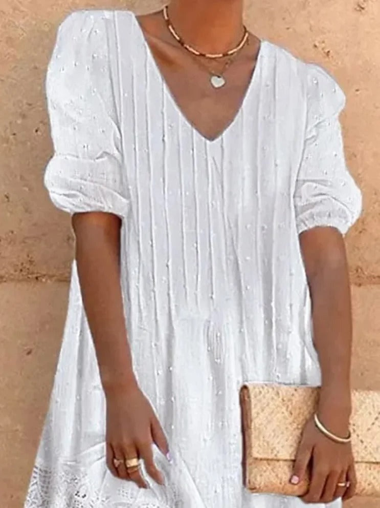 Schlichtes, lässiges Midi-Kleid aus Baumwolle mit Spitze