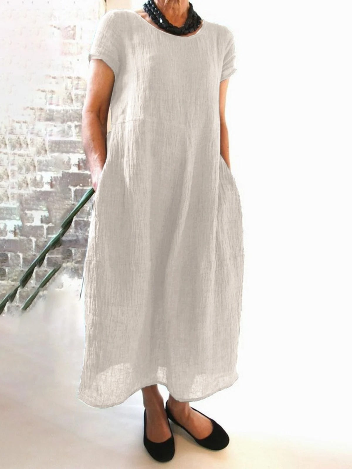 Linen Cotton Casual Solid Round Neck Maxi Dress