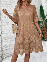 Women's Plain Crew Neck Short Sleeve Comfy Casual Lace Short Dress