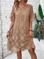 Women's Plain Crew Neck Short Sleeve Comfy Casual Lace Short Dress