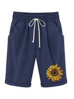 Women's Sunflower Plus Size Casual Pockets Elastic Waist Shorts