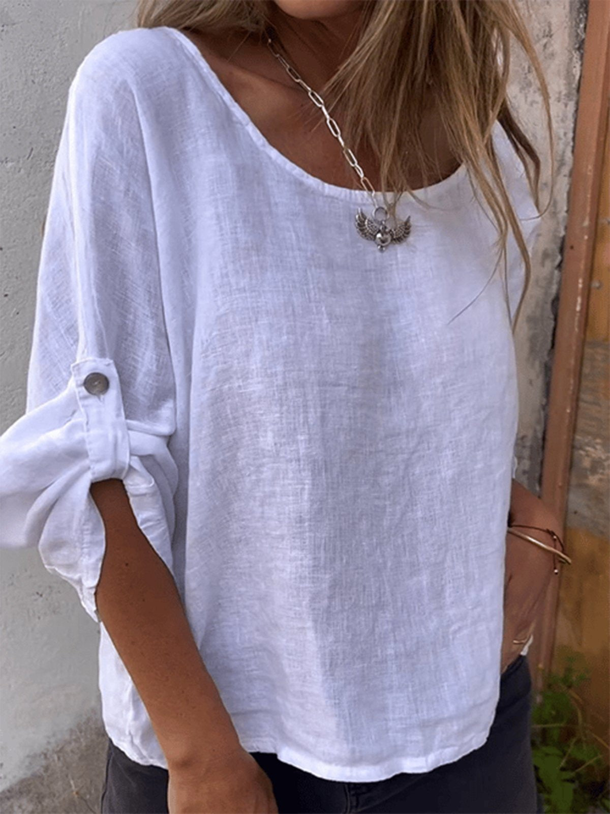 3/4 Sleeves Casual Cotton Crew Neck Plain Shirt