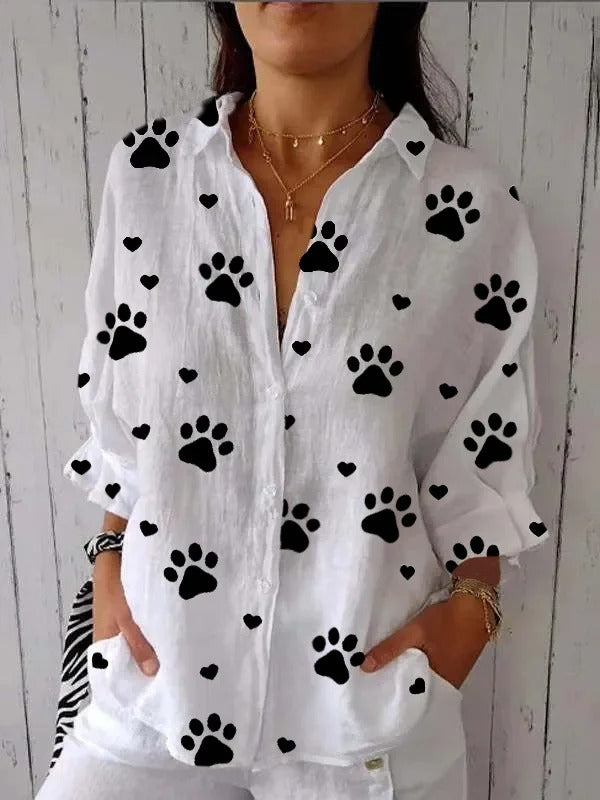 Linen Shawl Collar Heart/Cordate Half Sleeve Blouse