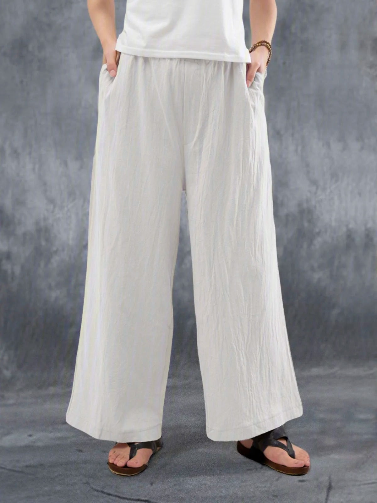 Women's Casual Solid Pockets Cotton and Linen Wide Leg Pants