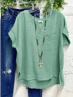 Women's Casual V Neck Pocket Green Loose Short Sleeve Summer T-shirt