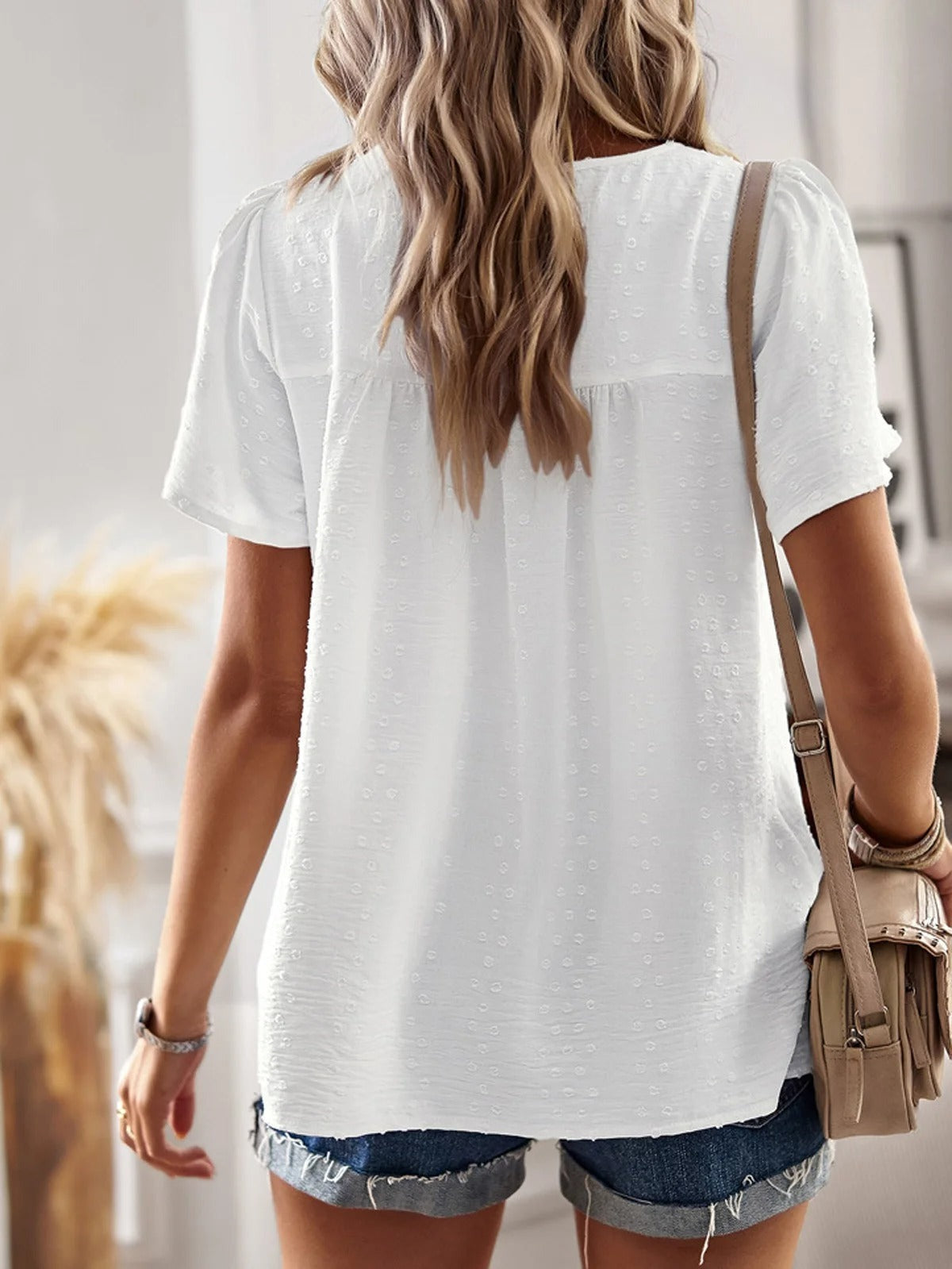 Loose Plain Casual Lace Short Sleeve Shirt