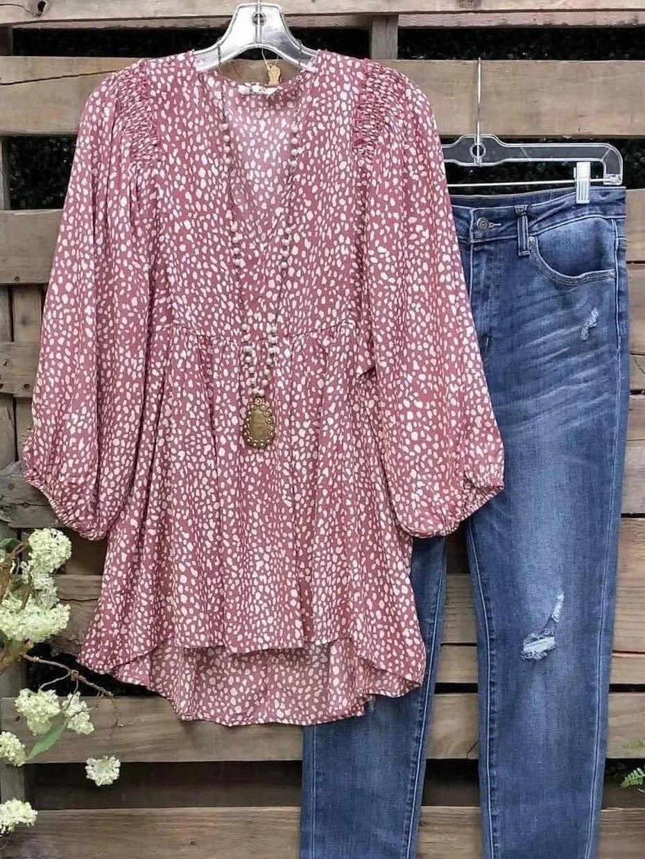 Pink Loose Abstract Polka Dots V Neck Blouse– CURVECOMFY