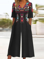 Ethnic Loose V Neck Pocket Stitching Casual Short Sleeve Jumpsuit