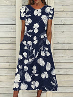 Cotton Blends Floral Loosen Short Sleeve Woven Midi Dress