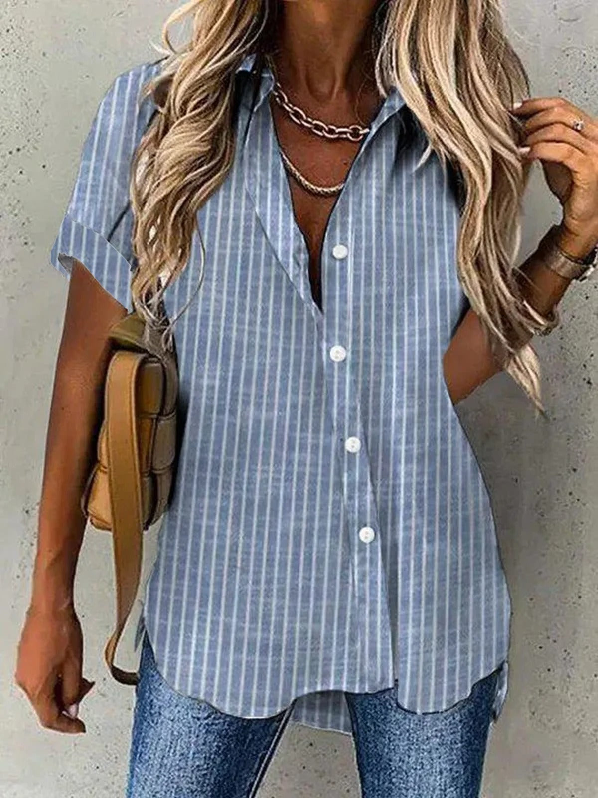 Women's Shirt Collar Short Sleeve Striped Regular Loose Blouse
