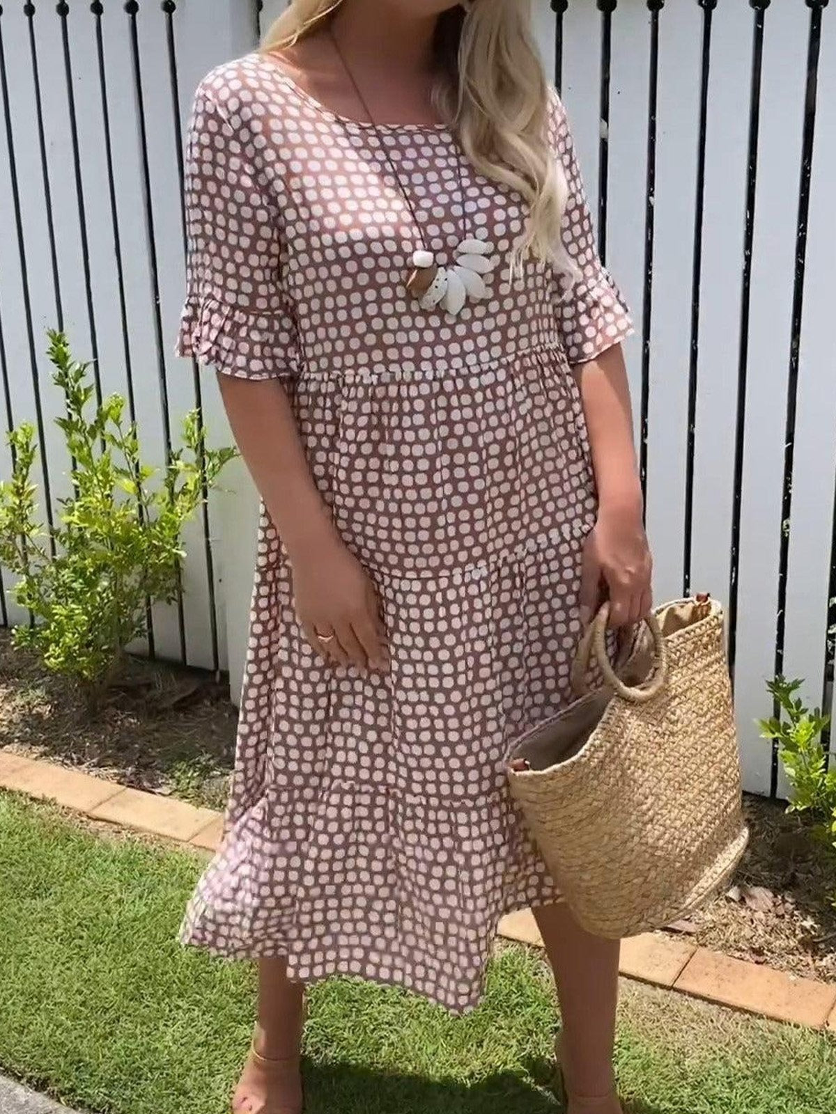 Women's Polka Dots Crew Neck Half Sleeve Comfy Casual Midi Dress