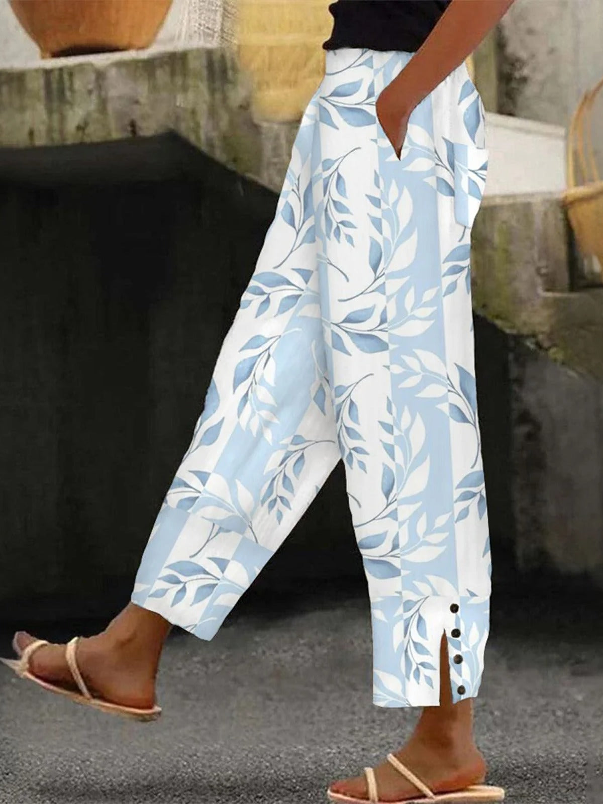 Casual Floral Long Buckle Straight Pants