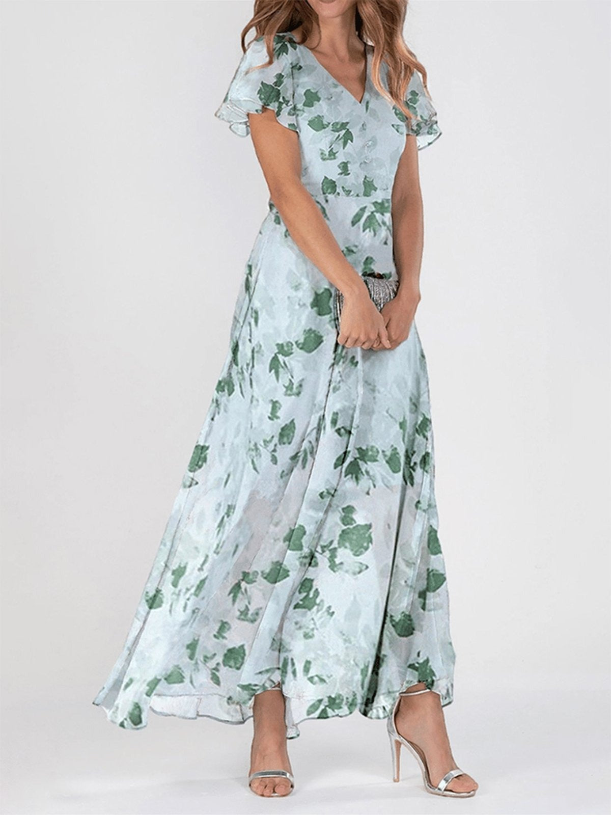 Women's Aqua Floral Chiffon V Neck Ruffled Short Sleeves Maxi A-Line Dress