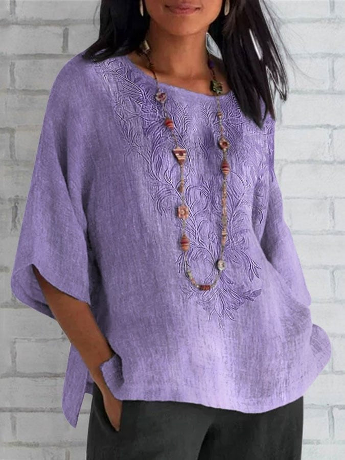 Women's Purple Embroidery Crew Neck Daily Casual Plain Short Sleeve Shirt