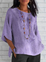 Women's Purple Embroidery Crew Neck Daily Casual Plain Short Sleeve Shirt