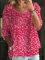 Flower Print Crew Neck 3/4 Sleevess Comfy Blouse