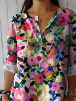 Floral Print Crew Neck 3/4 Sleeves Casual T-shirt