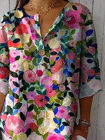 Floral Print Crew Neck 3/4 Sleeves Casual T-shirt