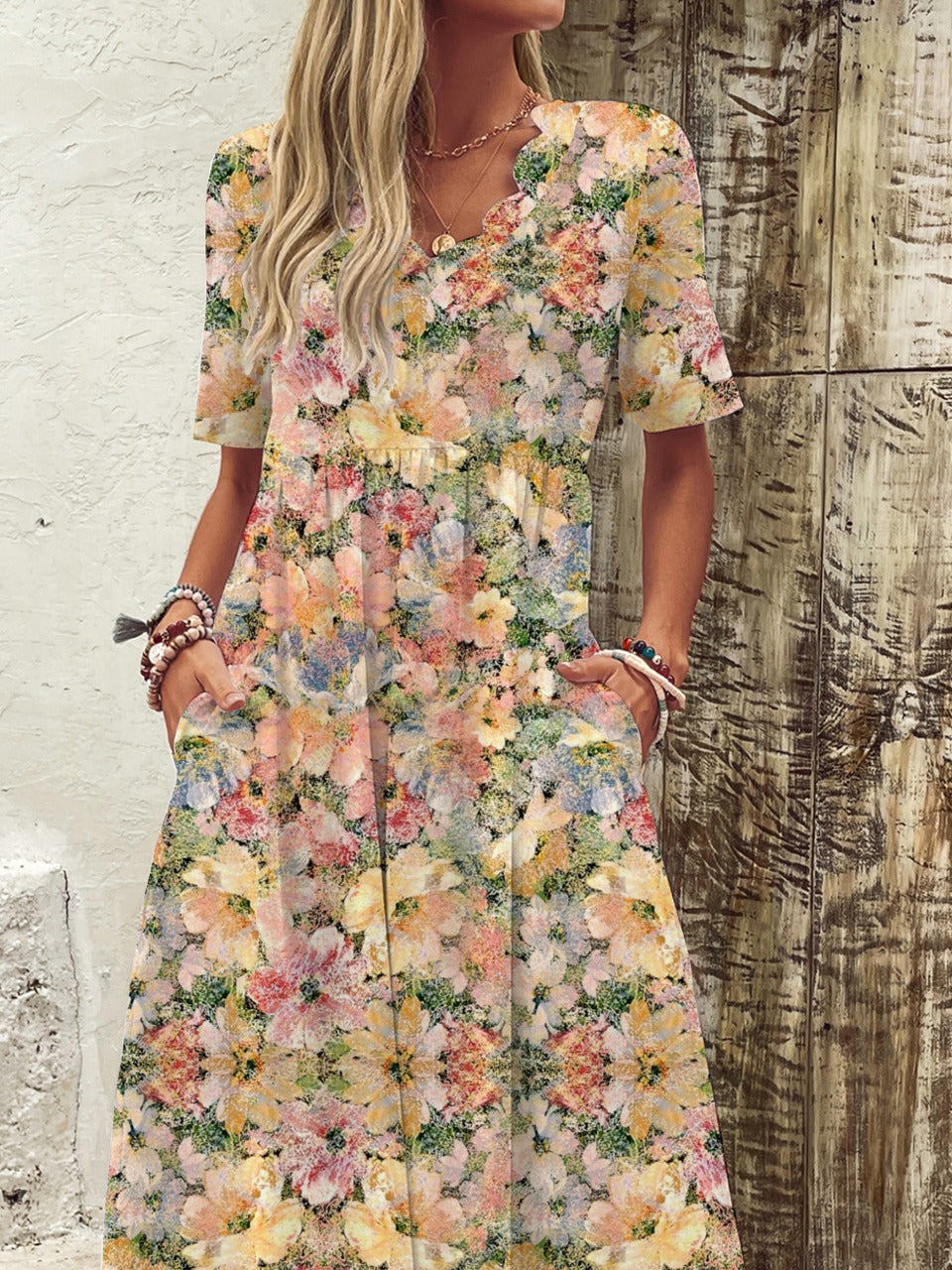 Flower Print V-neck Short Sleeves Casual Maxi Dress