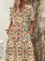 Flower Print V-neck Short Sleeves Casual Maxi Dress