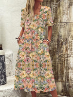 Flower Print V-neck Short Sleeves Casual Maxi Dress