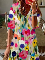 Elegant Floral V-neck Half Sleeves With Sashes Front Slit Maxi Dress