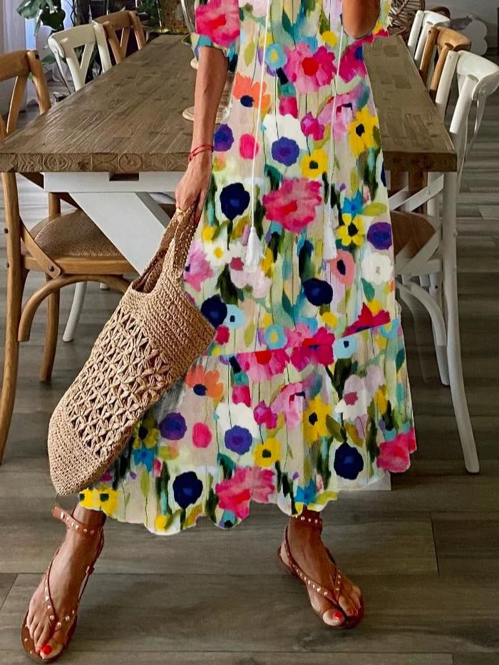 Elegant Floral V-neck Half Sleeves With Sashes Front Slit Maxi Dress
