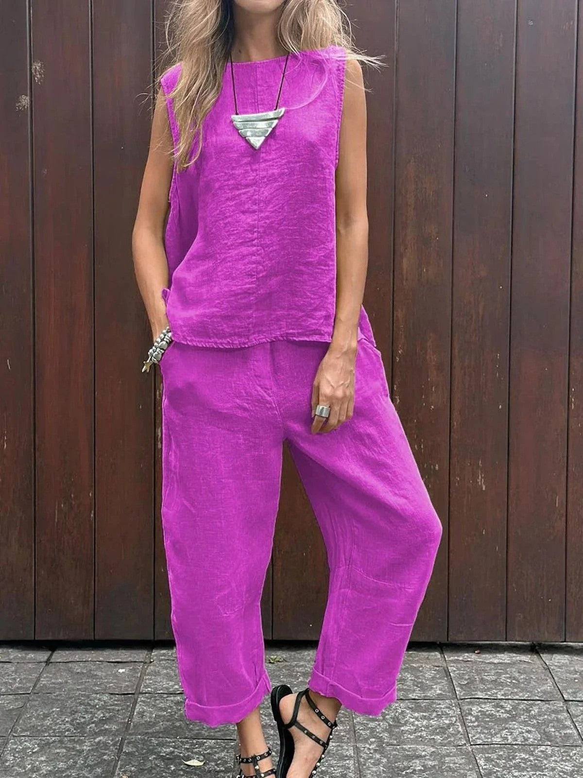 Plain Round Neck Sleeveless Casual Top With Pants Two-Piece Suits