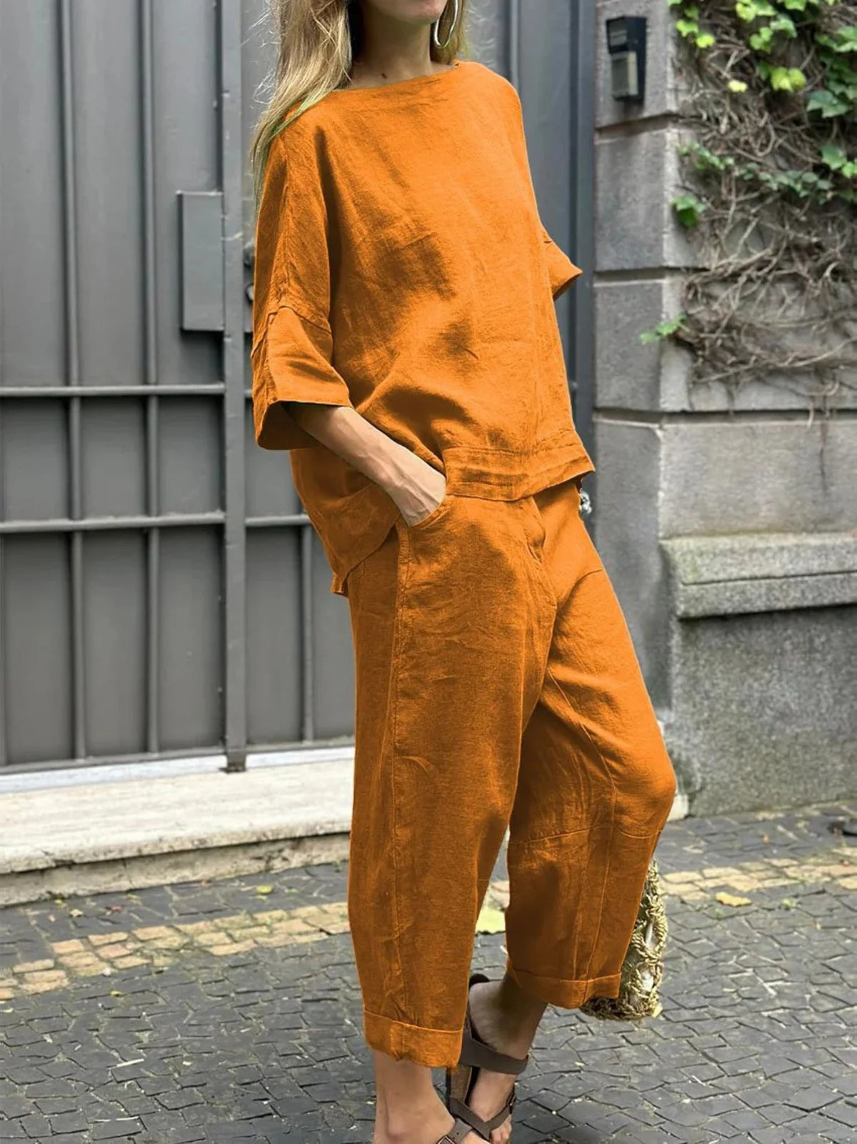 Crew Neck 3/4 Sleevess Loose Top With Pants Two-Piece Suits