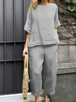 Crew Neck 3/4 Sleevess Loose Top With Pants Two-Piece Suits