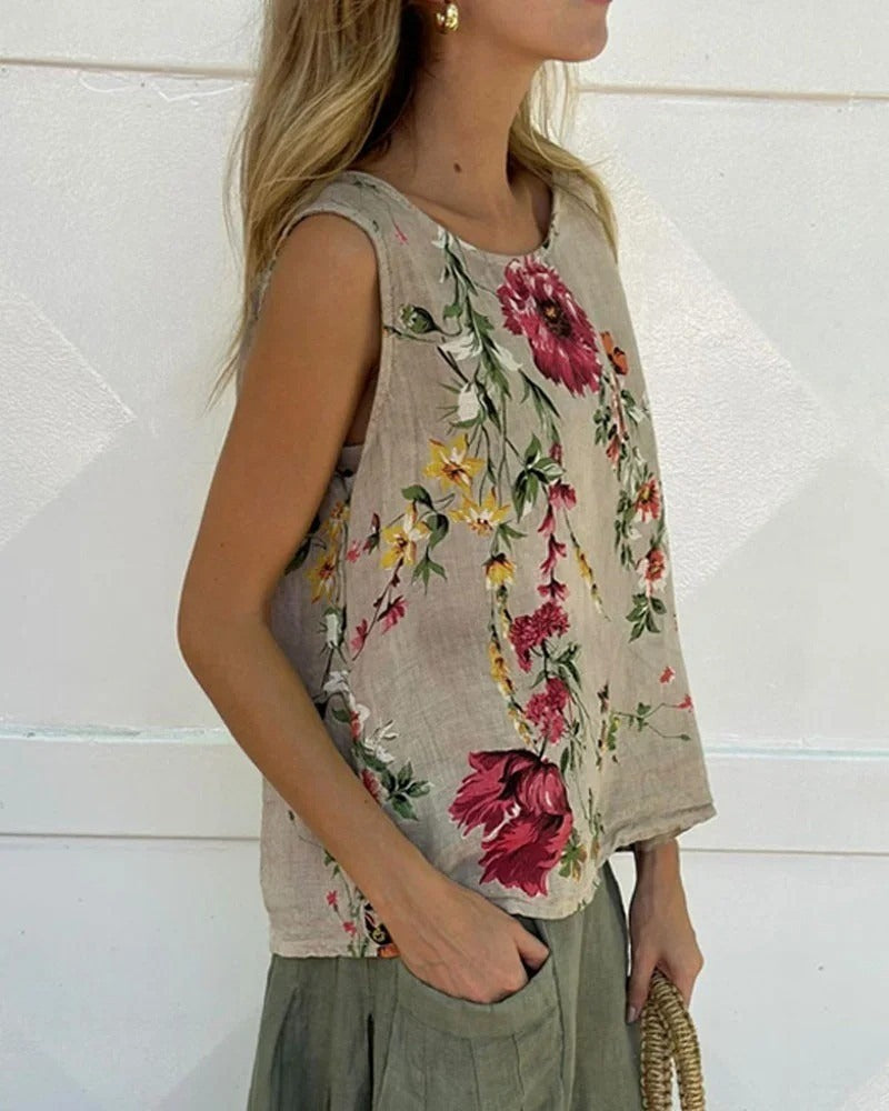 Floral Print Round Neck Sleeveless Comfy Tank Top