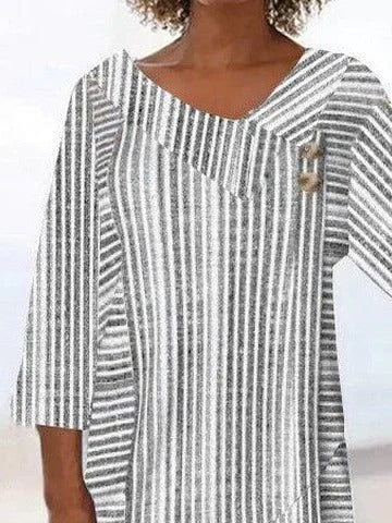 Stripe Asymmetrical Neck 3/4 Sleevess Buttons Comfy Blouse