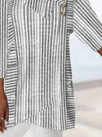 Stripe Asymmetrical Neck 3/4 Sleevess Buttons Comfy Blouse