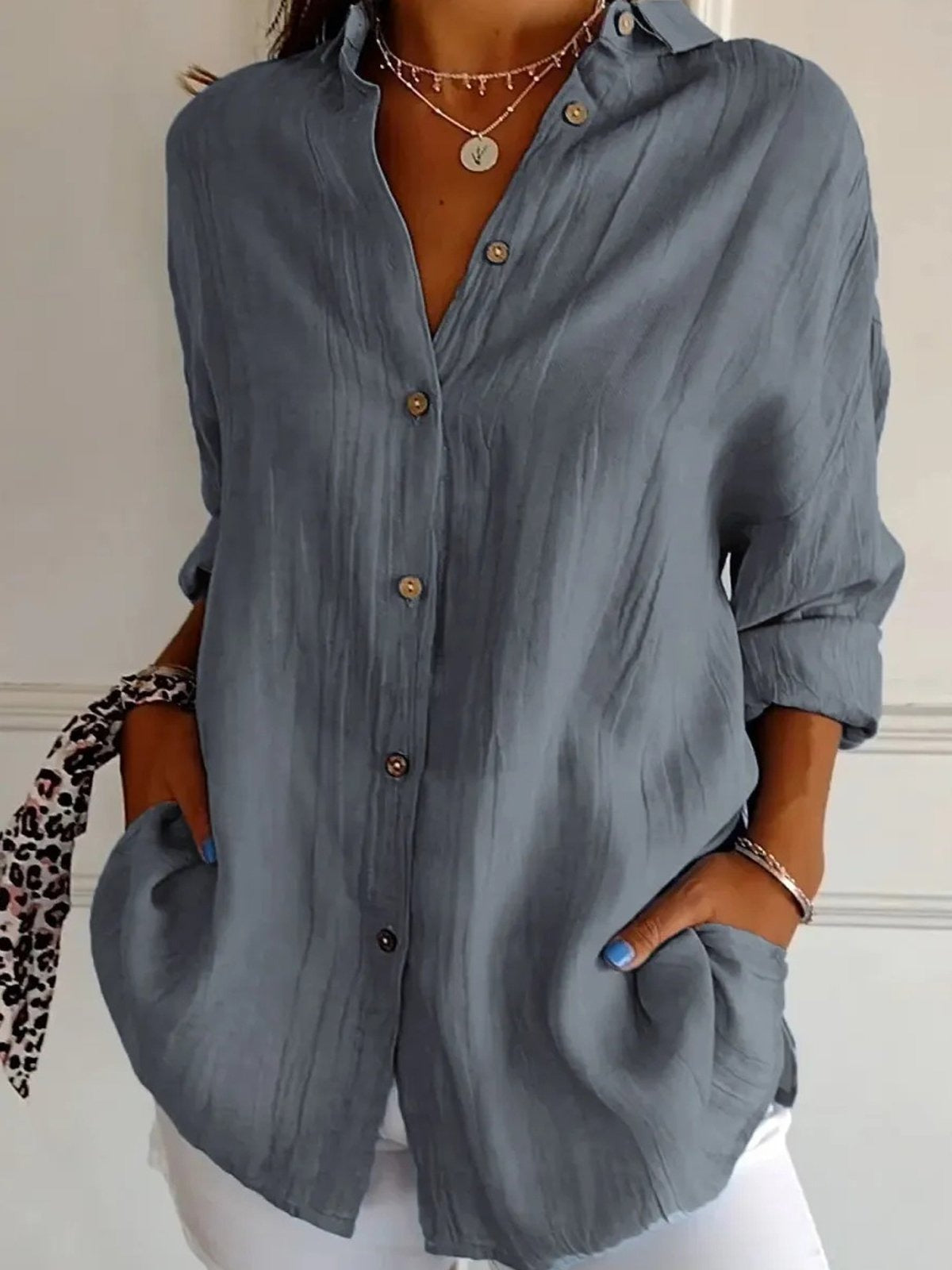 Solid Color Shirt Collar Loose Sleeves Casual T-shirt