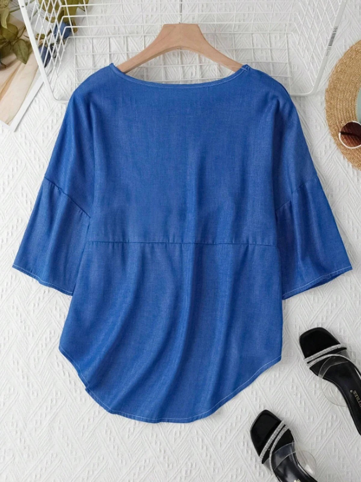 Blue Crew Neck Half Sleeves Loose Blouse