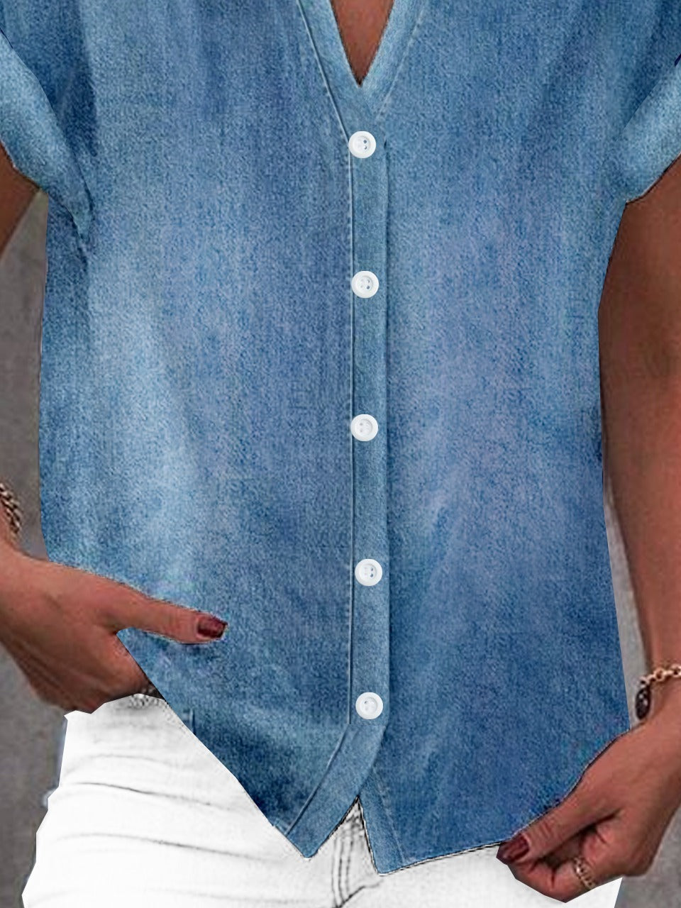 Chemise décontractée en jean à col montant et manches courtes